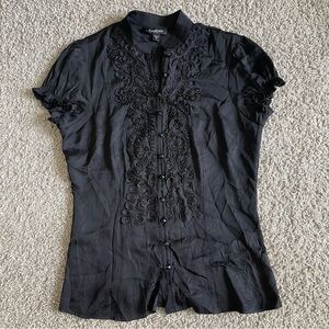 BEBE Silk Button Up Mandarin Collar Embroidered Vtg Blouse Top